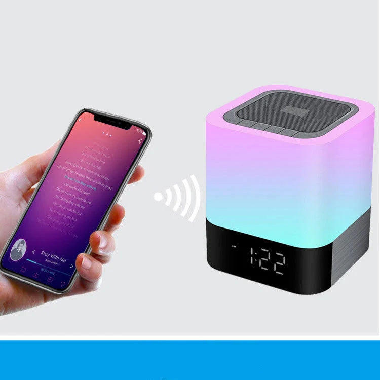 Enceinte Bluetooth avec lampe LED veilleuse et réveil intégré – design moderne connecté téléphone
