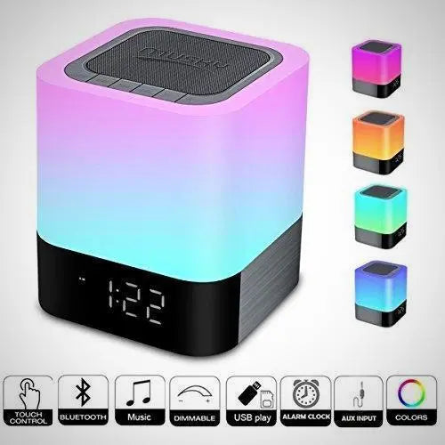“Enceinte Bluetooth avec lampe LED veilleuse et réveil intégré – design moderne différentes couleurs